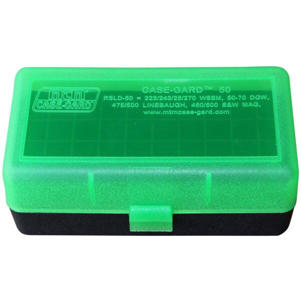 MTM Patronenbox RSLD-50-16T mit Klappdeckel – 50 Patronen Grün-transparent