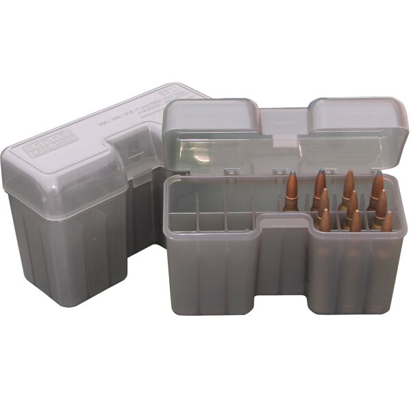MTM Patronenbox RF-22-LM mit Klappdeckel – 22 Patronen Grau-transparent