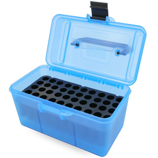 MTM Patronenbox H50-RM-24 mit Klappdeckel – 50 Patronen Blau-transparent