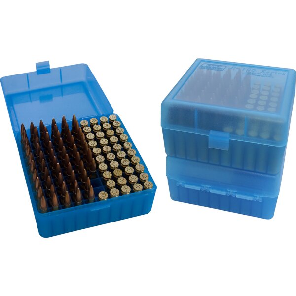 MTM Patronenbox RM-100-24 mit Klappdeckel – 100 Patronen Blau-transparent