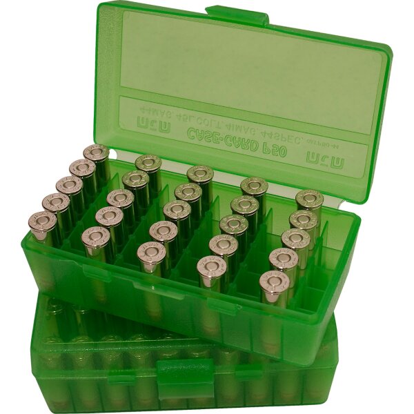 MTM Patronenbox P50-45-16 mit Klappdeckel – 50 Patronen Grün-transparent