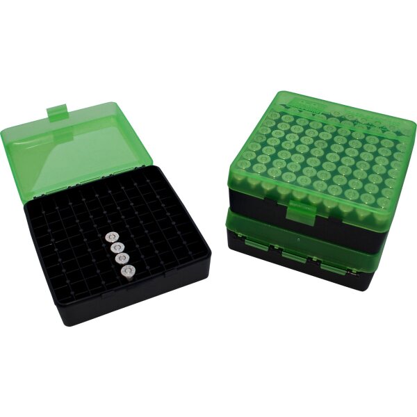 MTM Patronenbox P-100-3-16T mit Klappdeckel – 100 Patronen Grün-transparent/schwarz