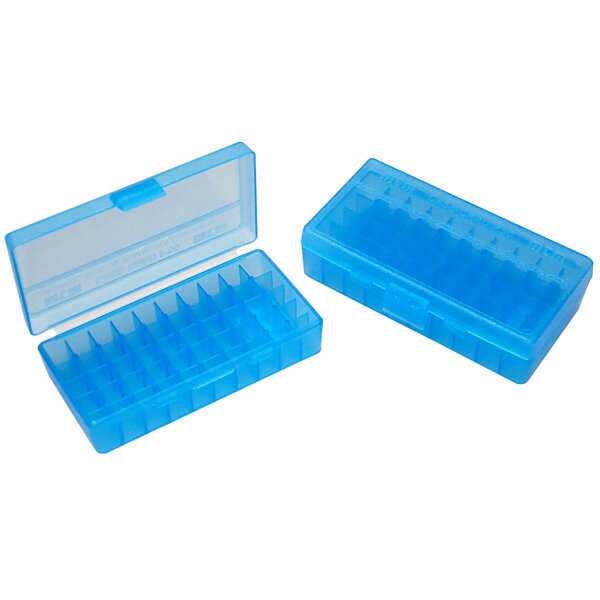 MTM Patronenbox P50-9M-24 mit Klappdeckel – 50 Patronen Blau-transparent