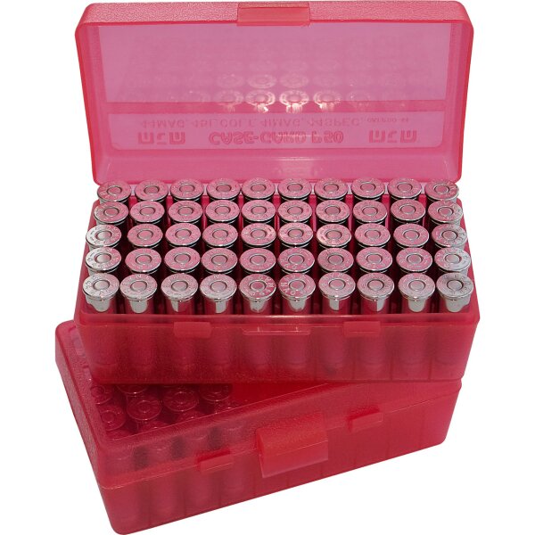MTM Patronenbox P50-9M-29 mit Klappdeckel – 50 Patronen Rot-transparent