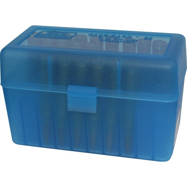 MTM Patronenbox RL-50-24 mit Klappdeckel – 50 Patronen Blau-transparent