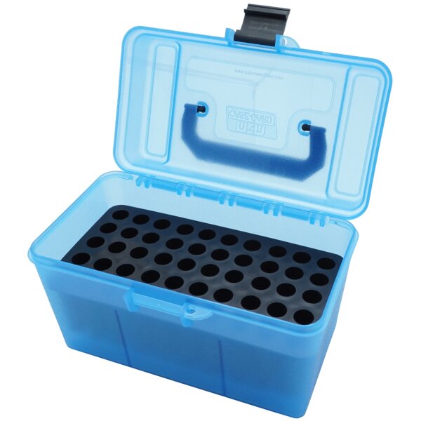 MTM Patronenbox H50-RL-24 mit Klappdeckel – 50 Patronen Blau-transparent