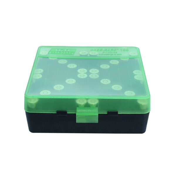 MTM Patronenbox P-100-44-16T mit Klappdeckel – 100 Patronen Grün-transparent/schwarz