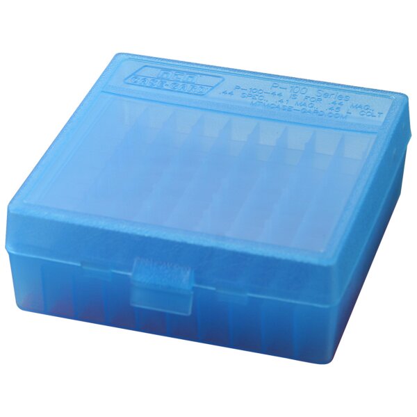 MTM Patronenbox P-100-44-24 mit Klappdeckel – 100 Patronen Blau-transparent