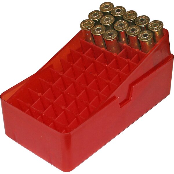 MTM Patronenbox E-50-45-29 mit Stülpdeckel – 50 Patronen Rot-transparent