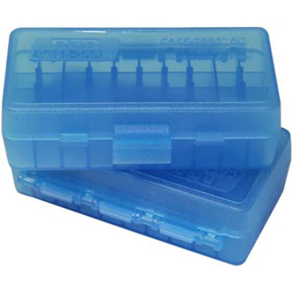 MTM Patronenbox P50-38-24 mit Klappdeckel – 50 Patronen Blau-transparent