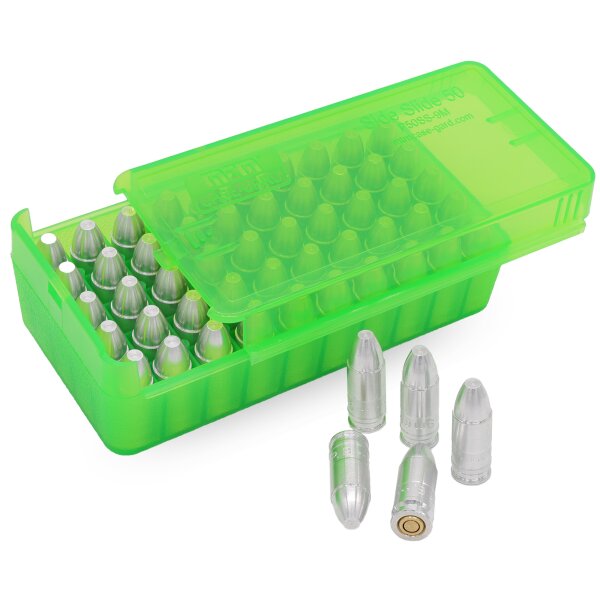 MTM Patronenbox P50SS-9M-16 mit Schiebedeckel – 50 Patronen Grün-transparent