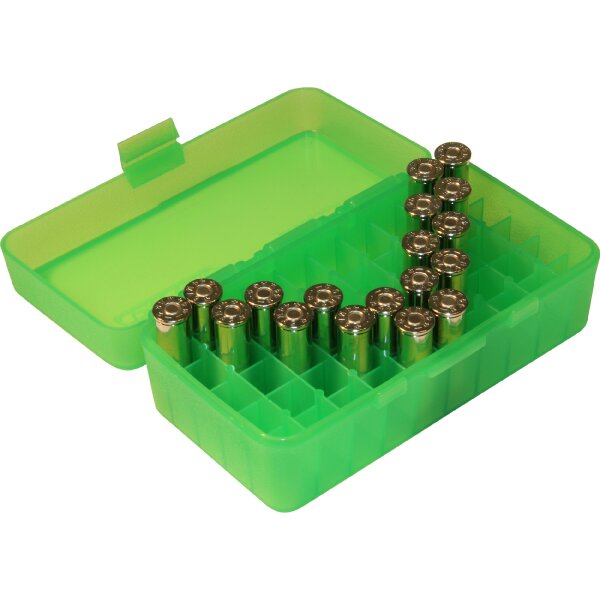 MTM Patronenbox P50-44-16 mit Klappdeckel – 50 Patronen Grün-transparent