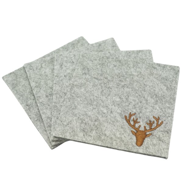 GILDE Filzuntersetzer mit Hirschmotiv Hellgrau – 4er-Pack