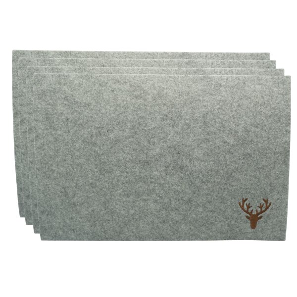 GILDE Filz-Tischset mit Hirschmotiv Hellgrau – 4er-Pack