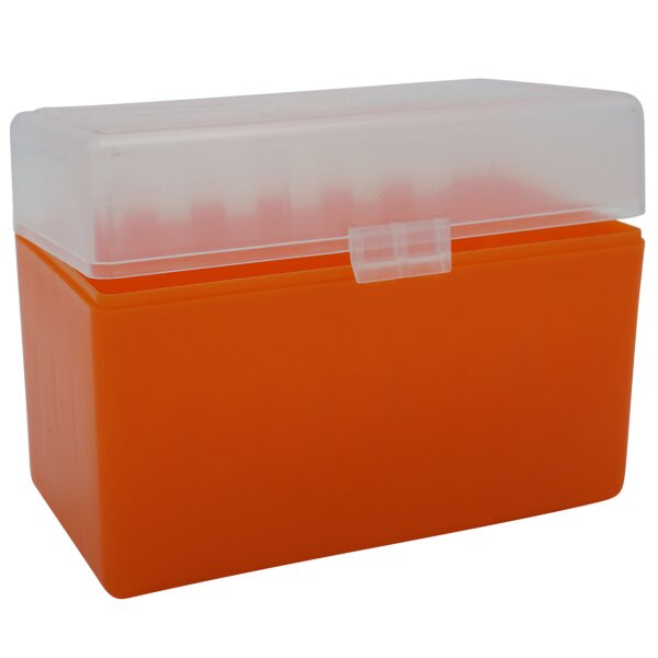WPW Patronenbox für Kaliber .338 Lapua Magnum/.300 Win. Mag. mit Klappdeckel – 32 Patronen Orange-transparent