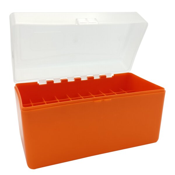 WPW Patronenbox für Kaliber .338 Lapua Magnum/.300 Win. Mag. mit Klappdeckel – 50 Patronen Orange-transparent