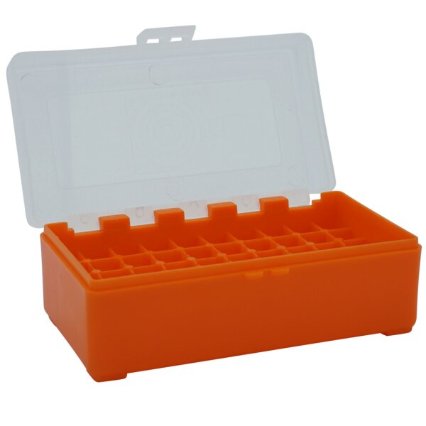 WPW Patronenbox für Kaliber .357 mit Klappdeckel – 50 Patronen Orange-transparent