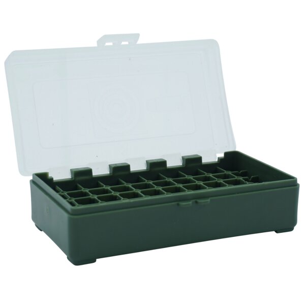 WPW Patronenbox für Kaliber 9 mm mit Klappdeckel – 50 Patronen Grün-transparent
