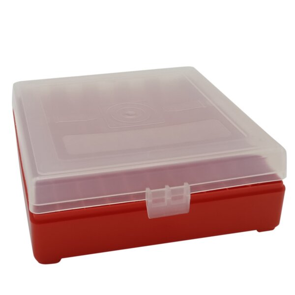WPW Patronenbox für Kaliber 9 mm mit Klappdeckel – 100 Patronen Rot-transparent