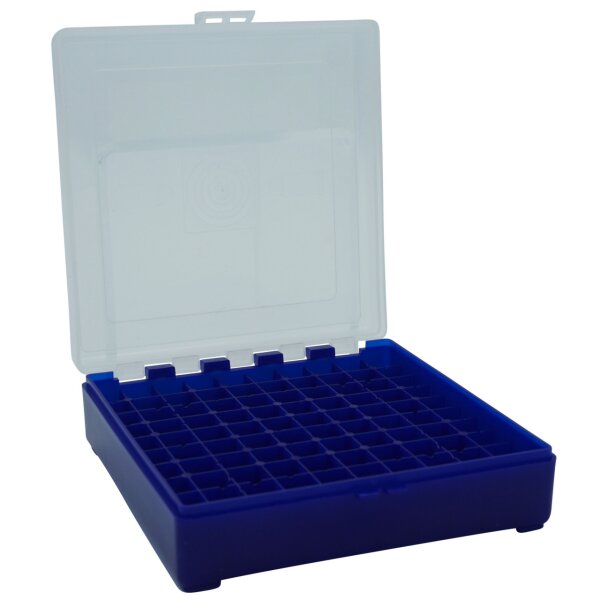 WPW Patronenbox für Kaliber 9 mm mit Klappdeckel – 100 Patronen Blau-transparent
