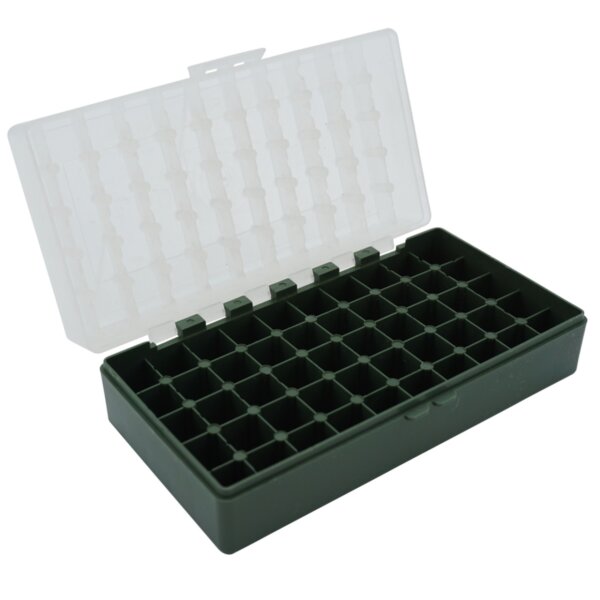 WPW Patronenbox für Kaliber .45 ACP mit Klappdeckel – 50 Patronen Grün-transparent