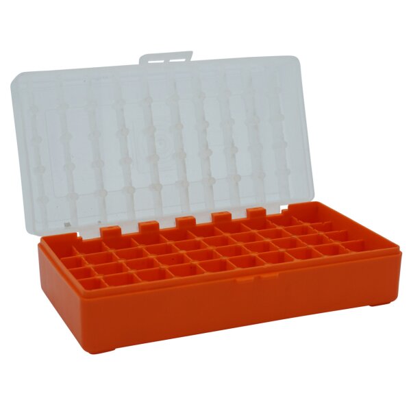 WPW Patronenbox für Kaliber .45 ACP mit Klappdeckel – 50 Patronen Orange-transparent