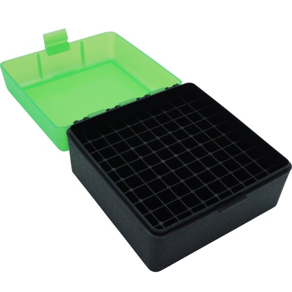 MTM Patronenbox RS-100-16 mit Klappdeckel – 100 Patronen Grün-transparent