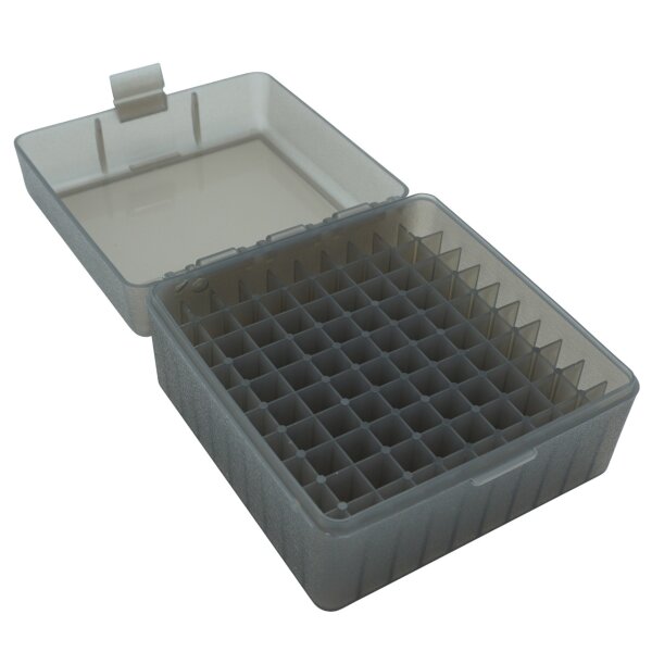MTM Patronenbox RS-100-41 mit Klappdeckel – 100 Patronen Grau-transparent