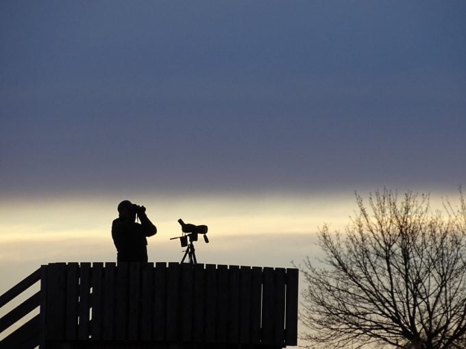 Eine Person steht neben einem Spektiv auf einer Aussichtsplattform und betrachtet sowie fotografiert den dämmernden Himmel.