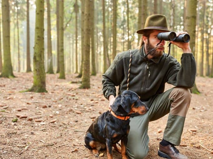 Ein Jäger ist mit seinem Hund im Wald und schaut durch sein Fernglas.